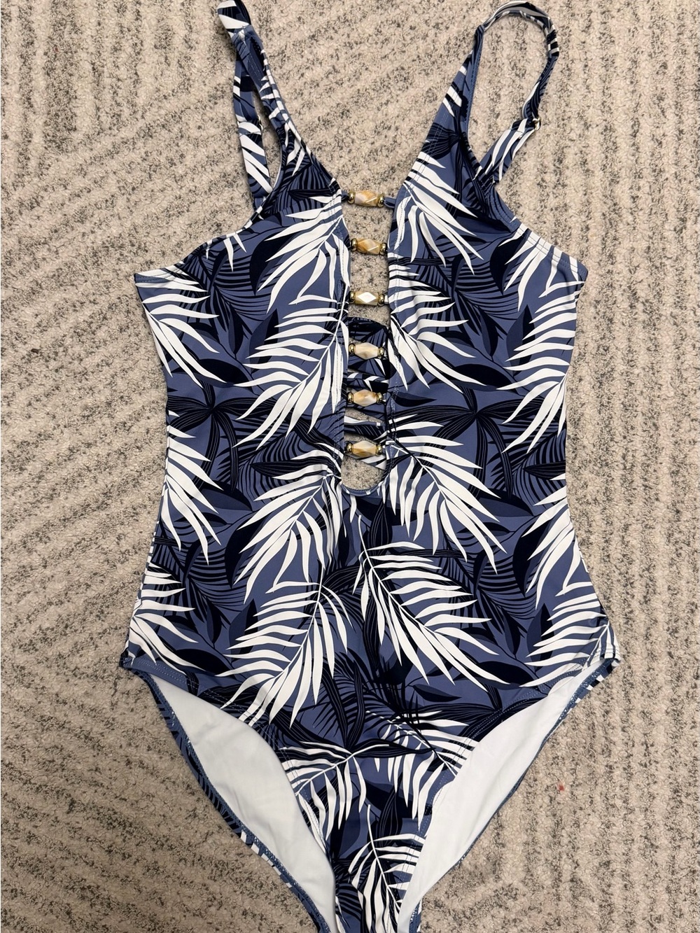 Girls Navy Tropical One-Piece Swimsuit with Front Ladder Detail